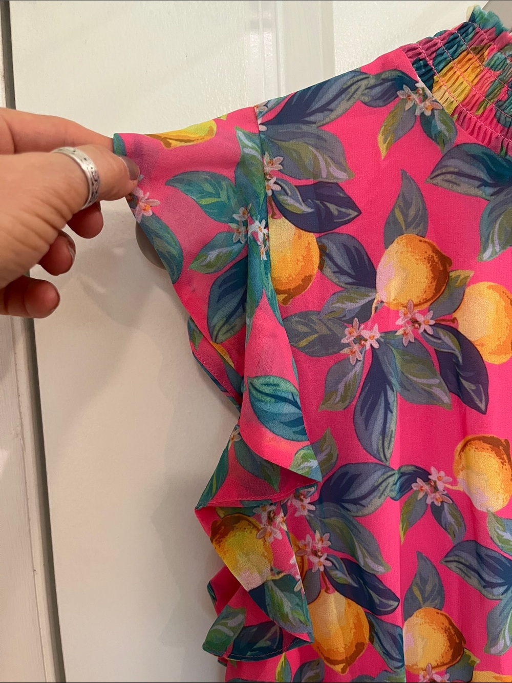 Sam Edelman Tropical Lemon Print High Neck Chiffon Shift Dress Size 12 Pink NWT - Picture 4 of 11